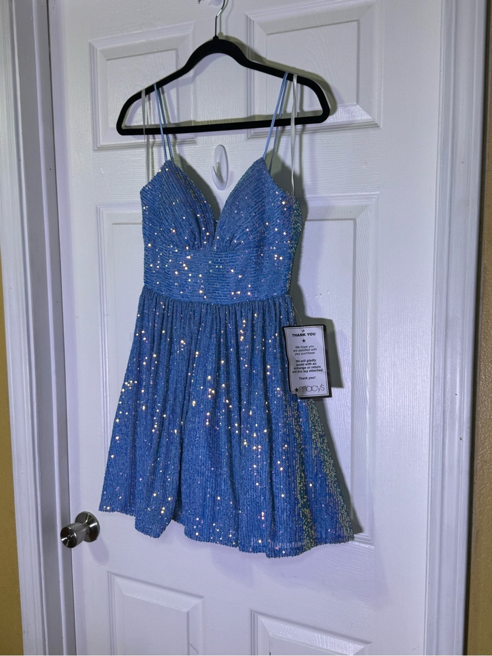 B Darlin Sky Blue Sequin Spaghetti Strap Party Dress - Picture 5 of 11